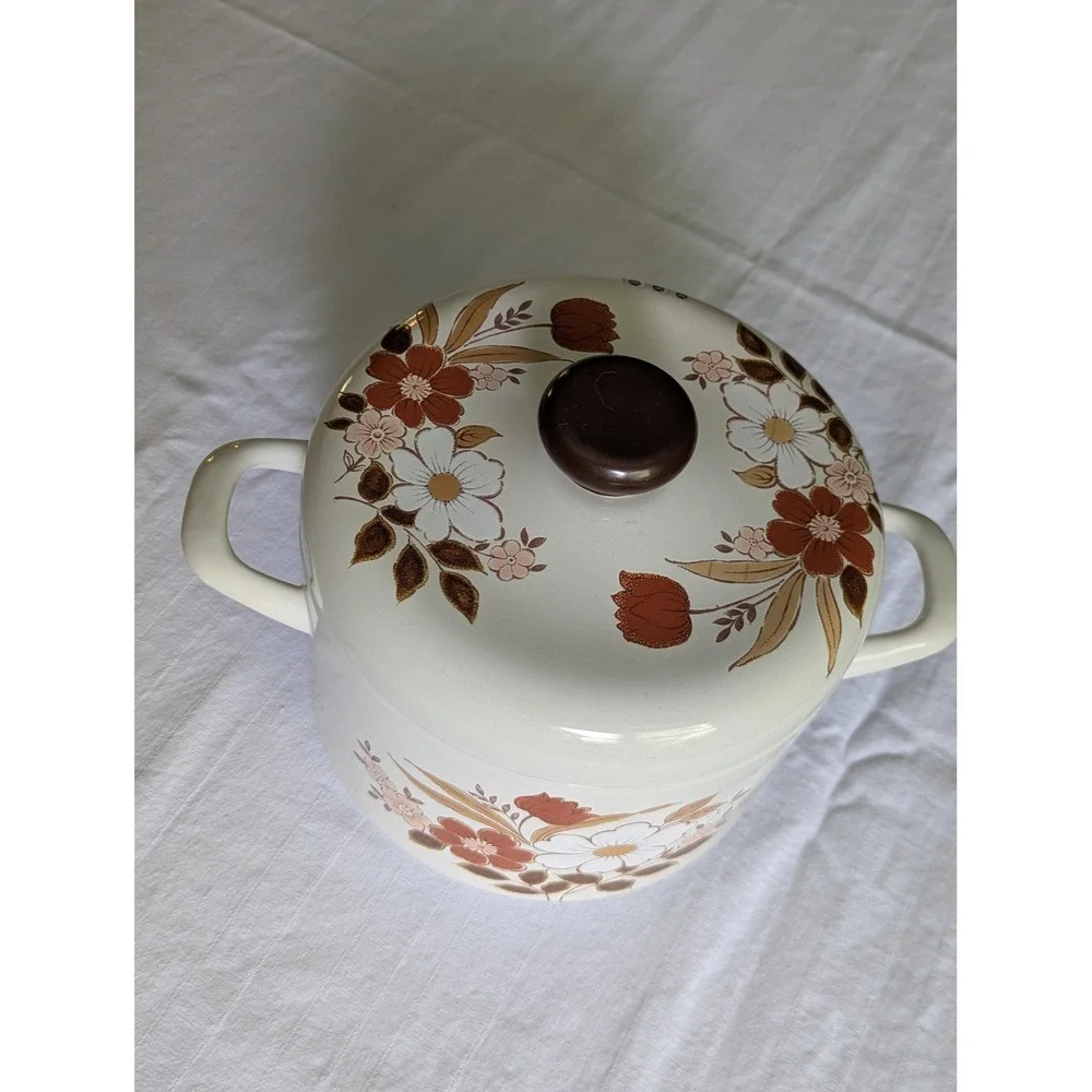 Vintage Kingsbury Dogwood Stock Pot with Lid 70's Enamelware Floral Mid-Century